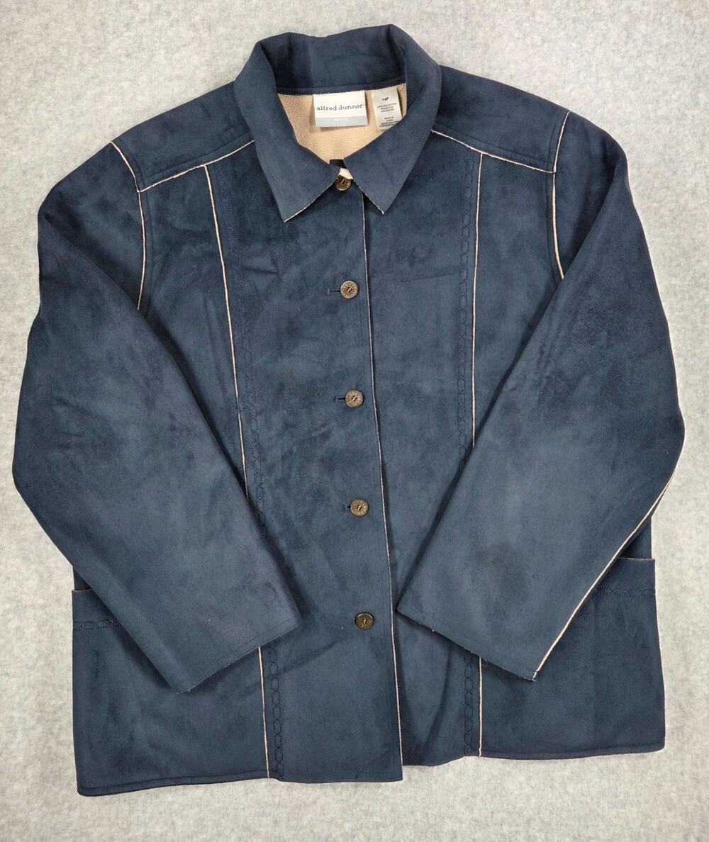 Alfred Dunner Faux Suede Jacket Womens 14P Navy Blue Fleece Lined Button Up Cozy